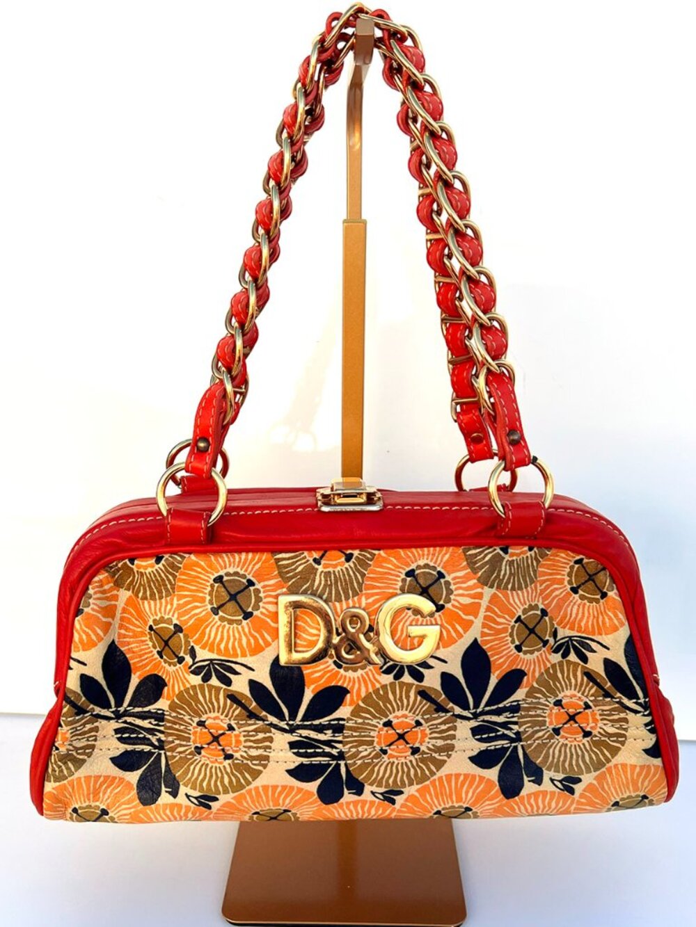 Authentic D&G Dolce Gabbana Vintage Floral Canvas Red Leather Bag Y2K